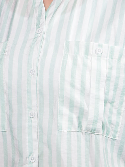 Green Vertical Stripes V-Neck Shirt-Women Shirts-Crimsoune Club