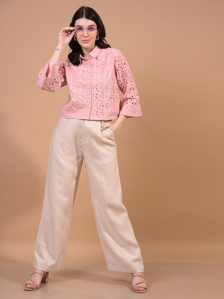 Women's Pink Embroidered 100% Cotton Cropped Shirt-Women Shirts-Crimsoune Club