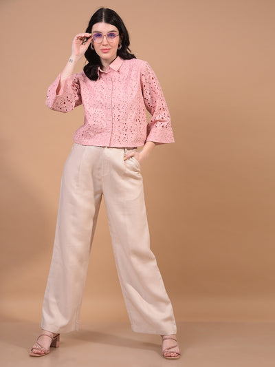 Women's Pink Embroidered 100% Cotton Cropped Shirt-Women Shirts-Crimsoune Club