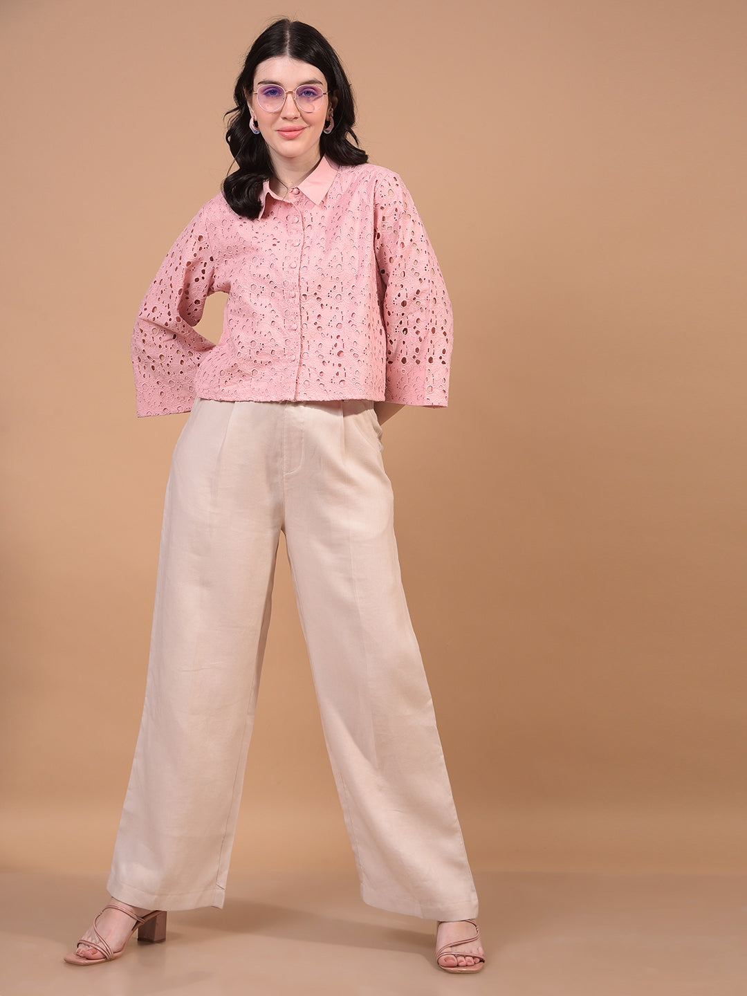 Women's Pink Embroidered 100% Cotton Cropped Shirt-Women Shirts-Crimsoune Club
