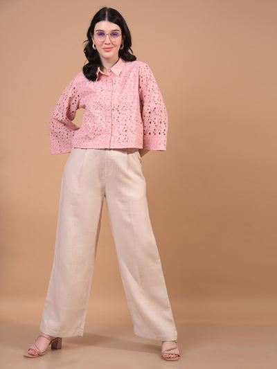 Women's Pink Embroidered 100% Cotton Cropped Shirt-Women Shirts-Crimsoune Club