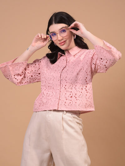 Women's Pink Embroidered 100% Cotton Cropped Shirt-Women Shirts-Crimsoune Club