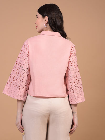 Women's Pink Embroidered 100% Cotton Cropped Shirt-Women Shirts-Crimsoune Club