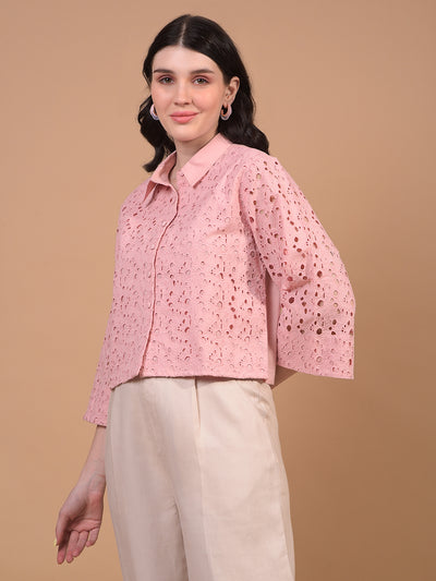 Women's Pink Embroidered 100% Cotton Cropped Shirt-Women Shirts-Crimsoune Club