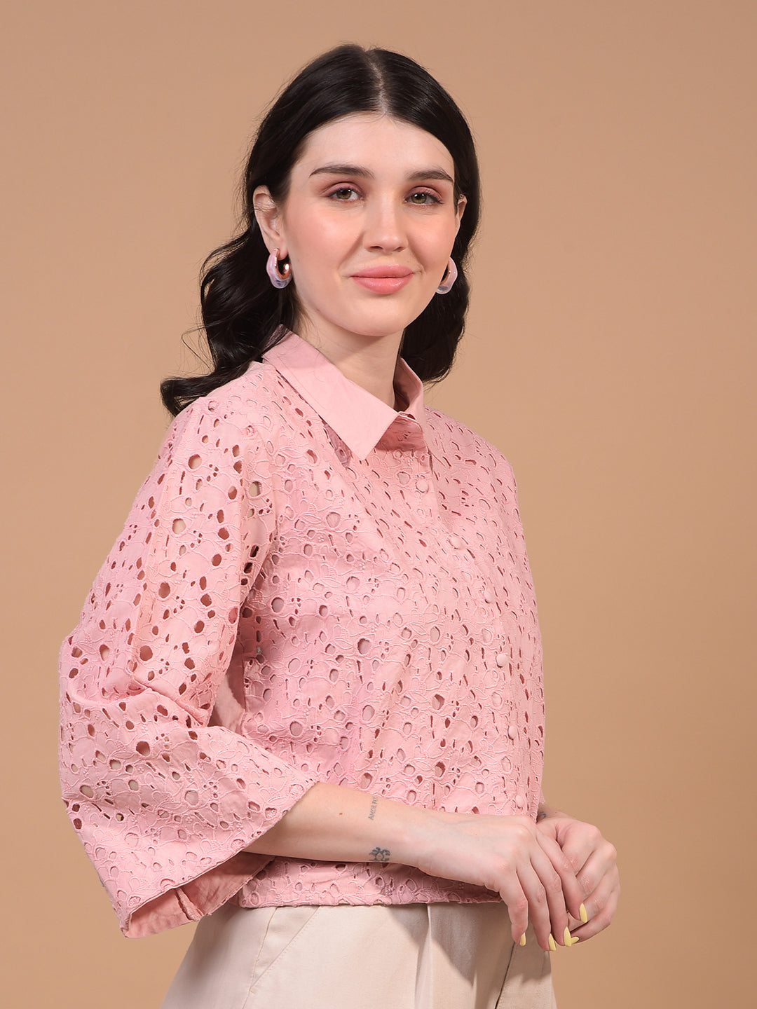 Women's Pink Embroidered 100% Cotton Cropped Shirt-Women Shirts-Crimsoune Club