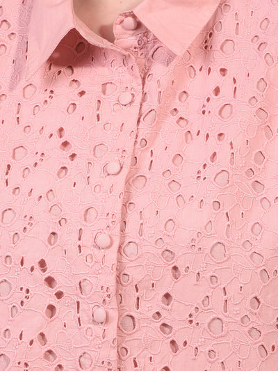 Women's Pink Embroidered 100% Cotton Cropped Shirt-Women Shirts-Crimsoune Club