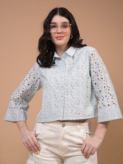 Women's Blue Embroidered 100% Cotton Cropped Shirt-Women Shirts-Crimsoune Club