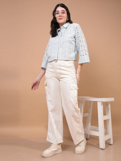 Women's Blue Embroidered 100% Cotton Cropped Shirt-Women Shirts-Crimsoune Club