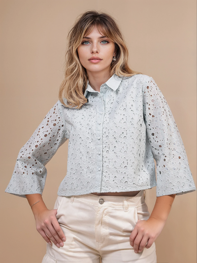 Women's Blue Embroidered 100% Cotton Cropped Shirt-Women Shirts-Crimsoune Club
