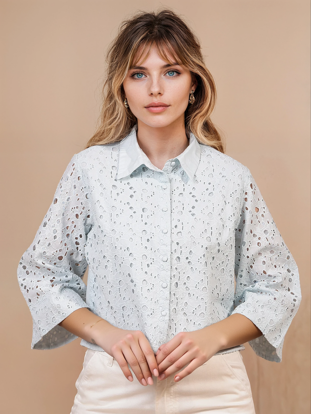 Women's Blue Embroidered 100% Cotton Cropped Shirt-Women Shirts-Crimsoune Club