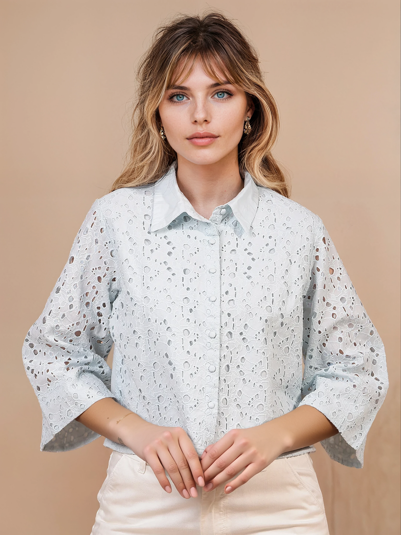 Women's Blue Embroidered 100% Cotton Cropped Shirt-Women Shirts-Crimsoune Club