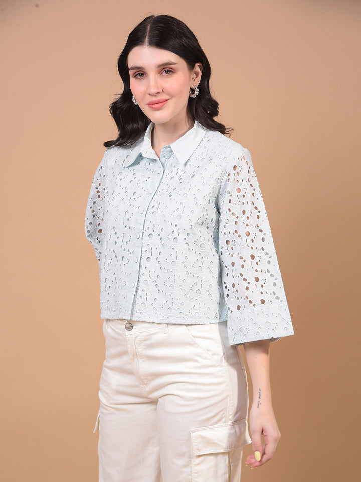 Women's Blue Embroidered 100% Cotton Cropped Shirt-Women Shirts-Crimsoune Club