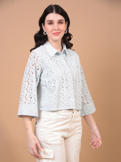 Women's Blue Embroidered 100% Cotton Cropped Shirt-Women Shirts-Crimsoune Club