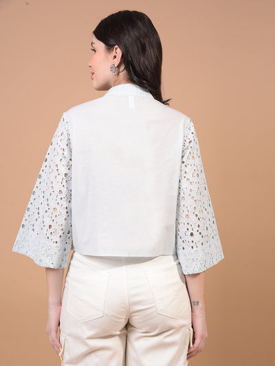 Women's Blue Embroidered 100% Cotton Cropped Shirt-Women Shirts-Crimsoune Club