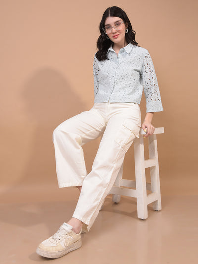 Women's Blue Embroidered 100% Cotton Cropped Shirt-Women Shirts-Crimsoune Club