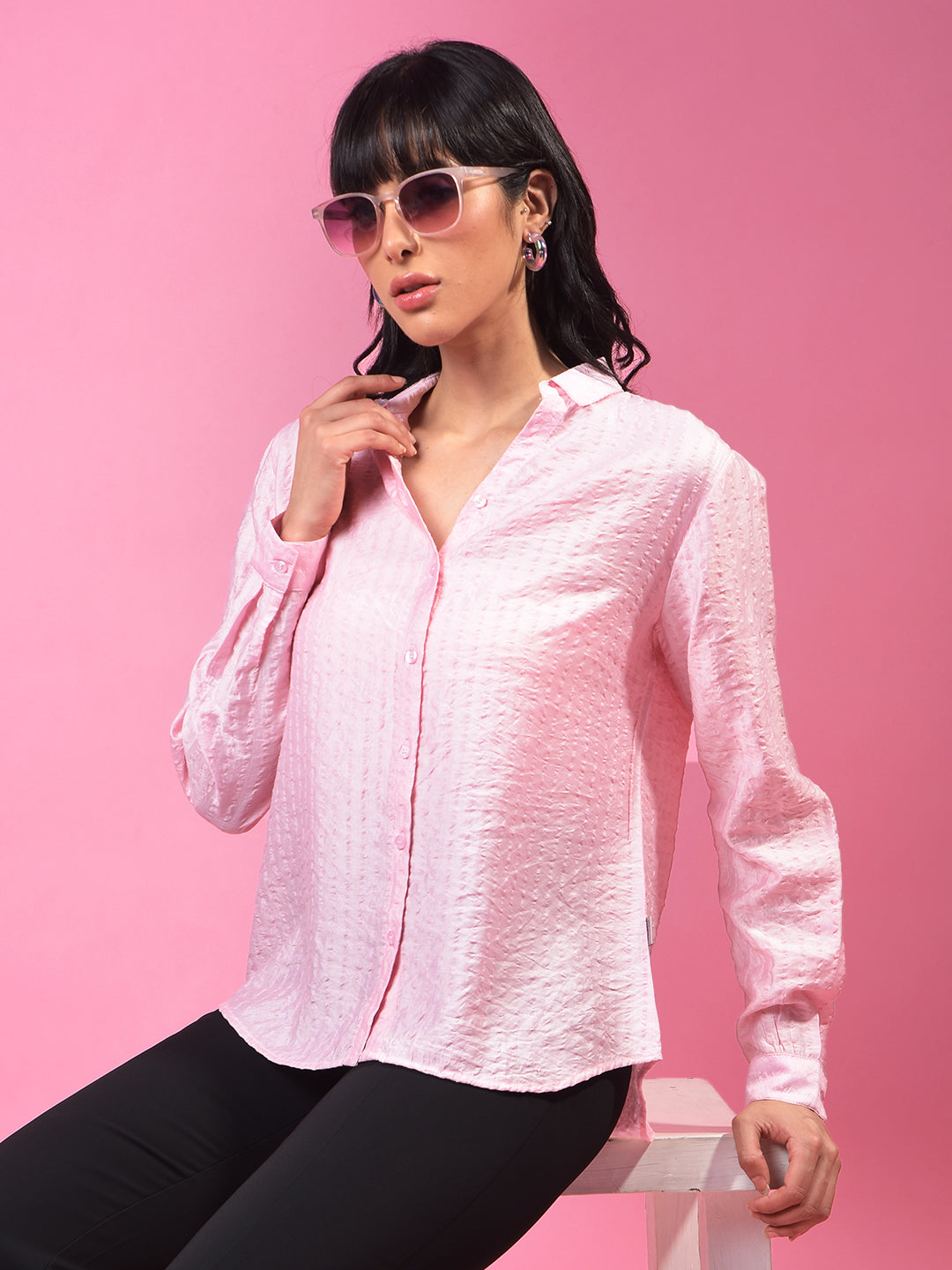 Pink Vertical Stripes Shirt-Women Shirts-Crimsoune Club