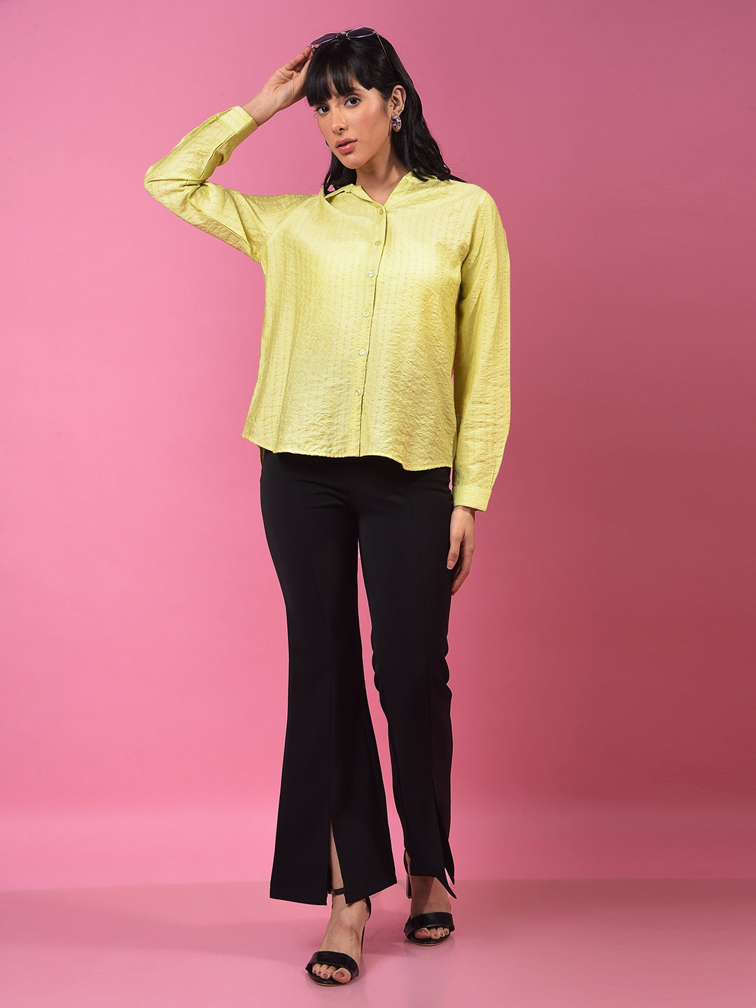 Pale Green Vertical Stripes Shirt-Women Shirts-Crimsoune Club