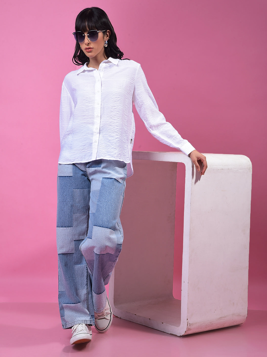 White Horizontal Stripes Shirt-Women Shirts-Crimsoune Club