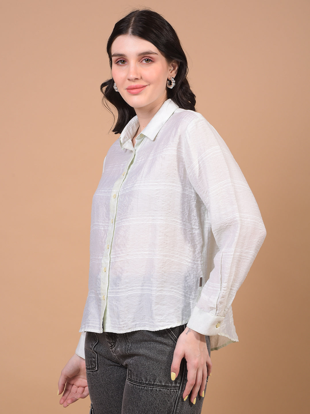 Green Horizontal Stripes Shirt-Women Shirts-Crimsoune Club