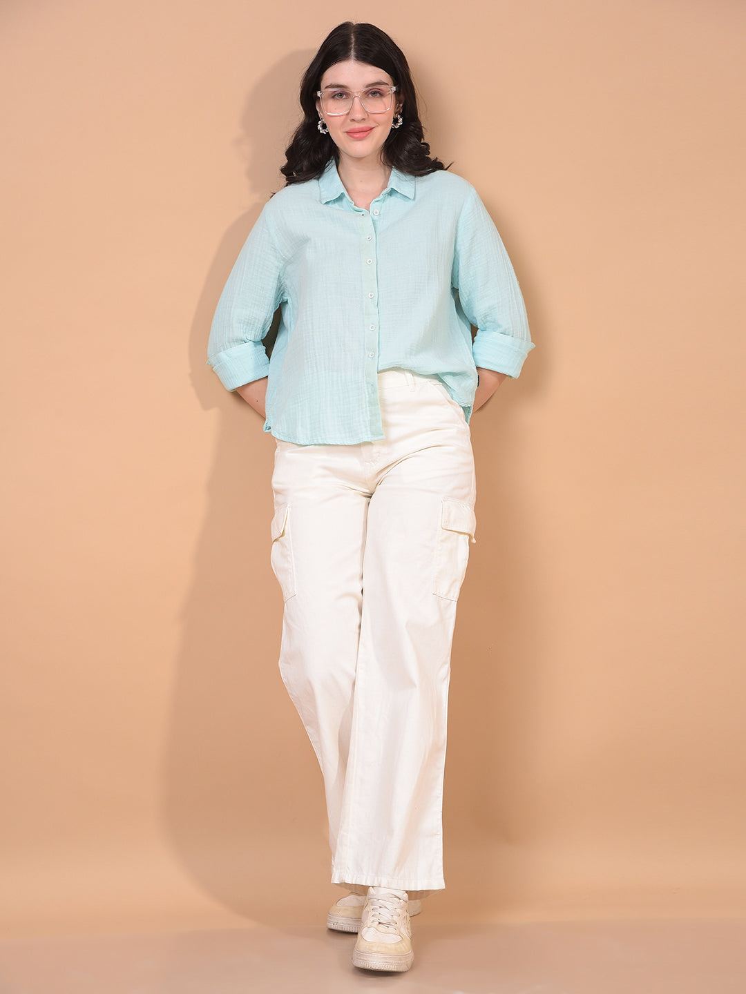 Women's Blue 100% Cotton Shirt-Women Shirts-Crimsoune Club