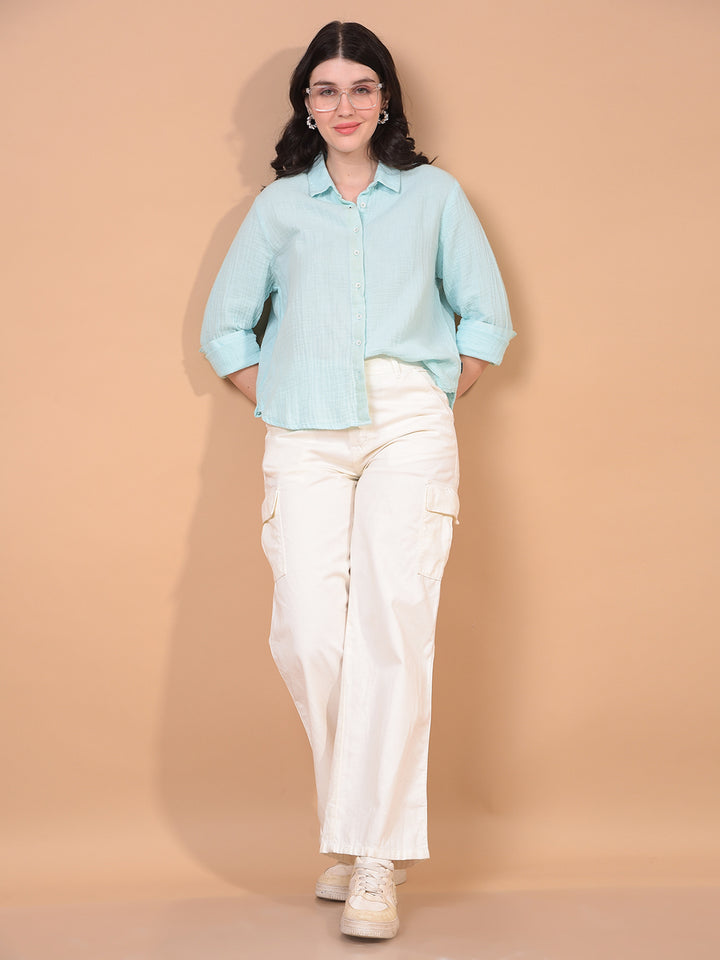 Women's Blue 100% Cotton Shirt-Women Shirts-Crimsoune Club