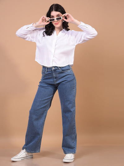 Women's White Cropped Linen Shirt-Women Shirts-Crimsoune Club