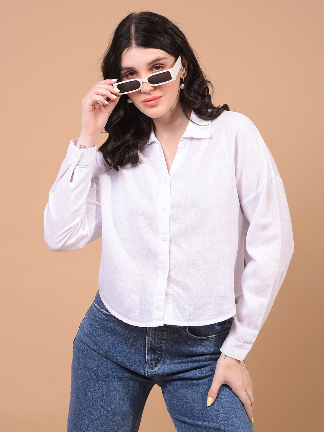 Women's White Cropped Linen Shirt-Women Shirts-Crimsoune Club