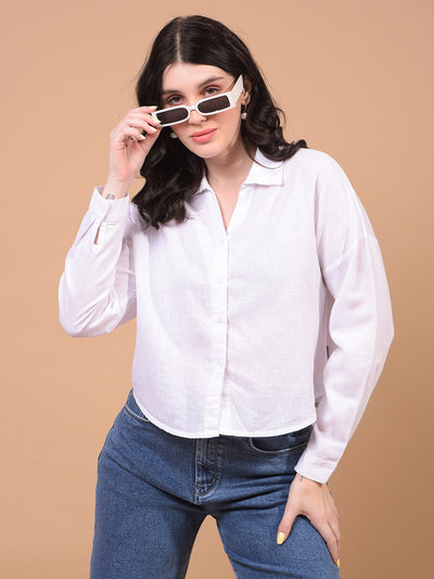 Women's White Cropped Linen Shirt-Women Shirts-Crimsoune Club