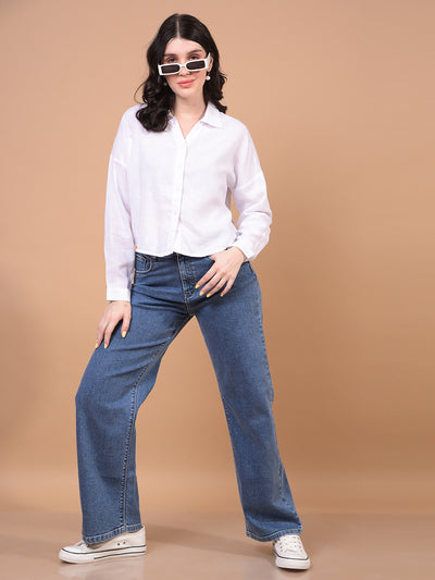 Women's White Cropped Linen Shirt-Women Shirts-Crimsoune Club