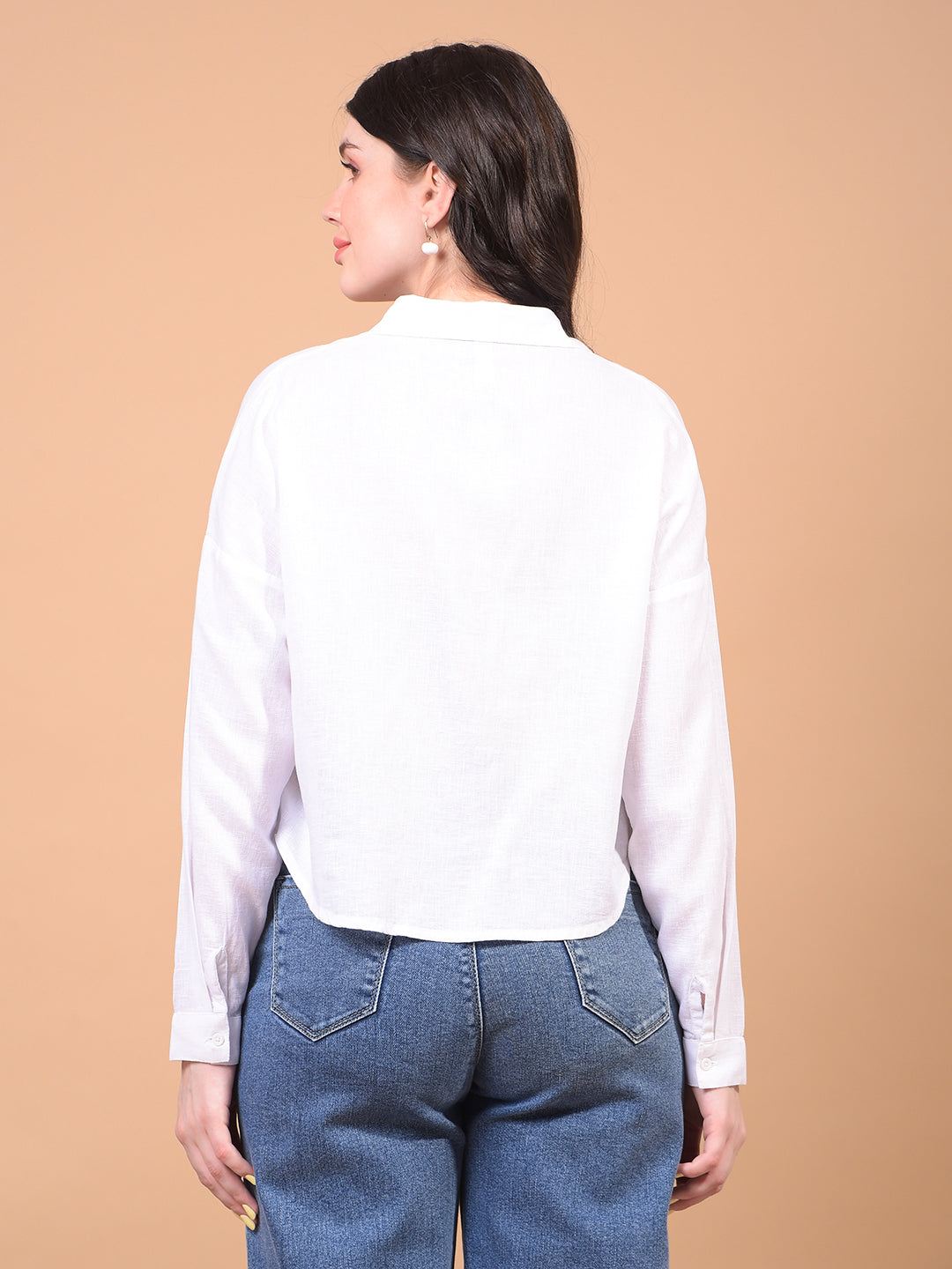 Women's White Cropped Linen Shirt-Women Shirts-Crimsoune Club