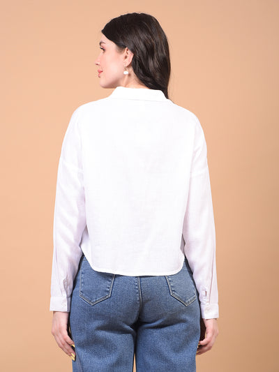 Women's White Cropped Linen Shirt-Women Shirts-Crimsoune Club
