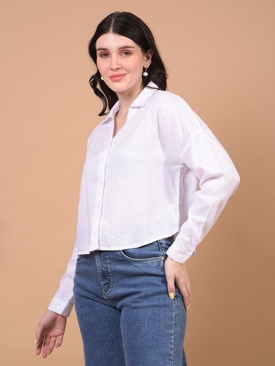 Women's White Cropped Linen Shirt-Women Shirts-Crimsoune Club