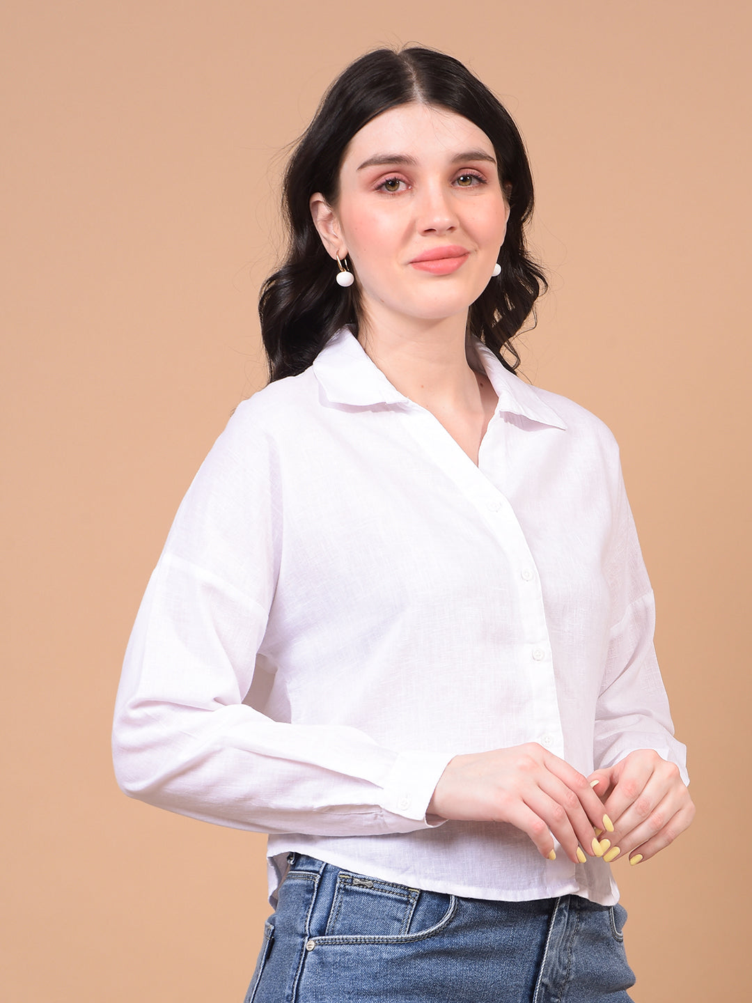 Women's White Cropped Linen Shirt-Women Shirts-Crimsoune Club