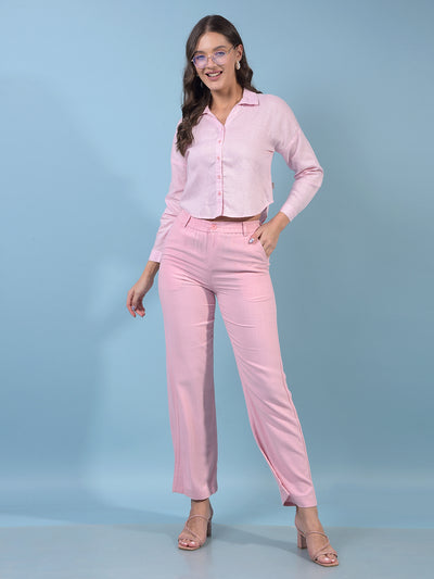 Women's Pink Crop-Length V-Neck Linen Shirt-Women Shirts-Crimsoune Club