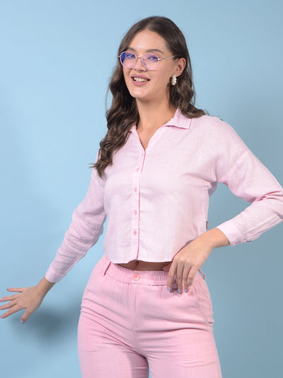 Women's Pink Crop-Length V-Neck Linen Shirt-Women Shirts-Crimsoune Club