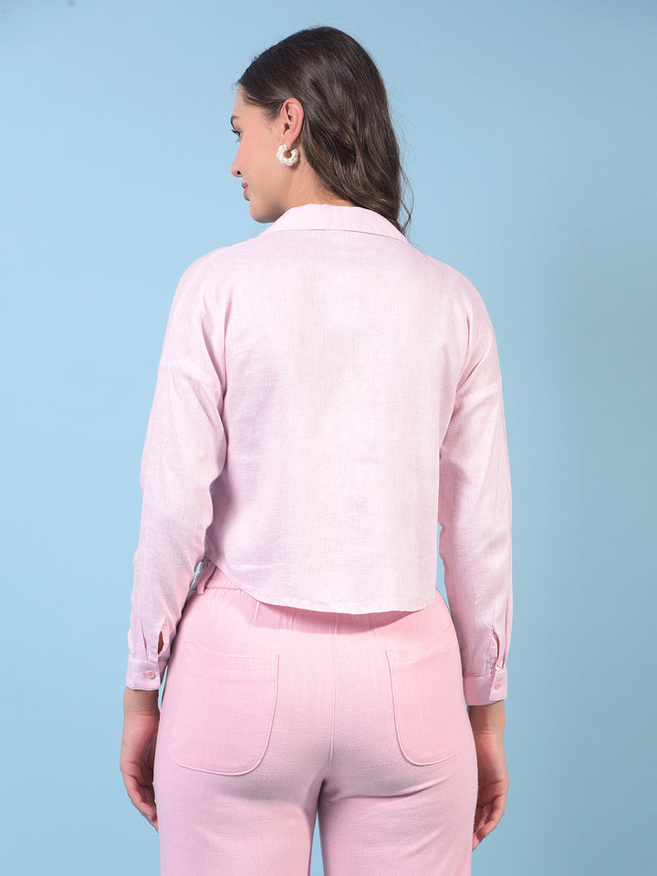 Women's Pink Crop-Length V-Neck Linen Shirt-Women Shirts-Crimsoune Club