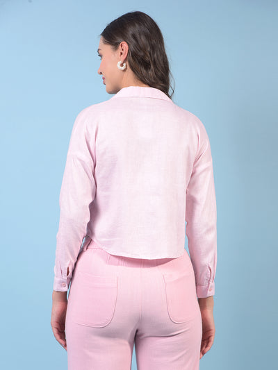 Women's Pink Crop-Length V-Neck Linen Shirt-Women Shirts-Crimsoune Club