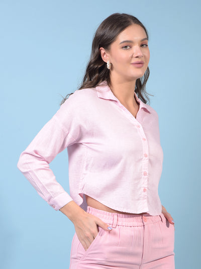Women's Pink Crop-Length V-Neck Linen Shirt-Women Shirts-Crimsoune Club