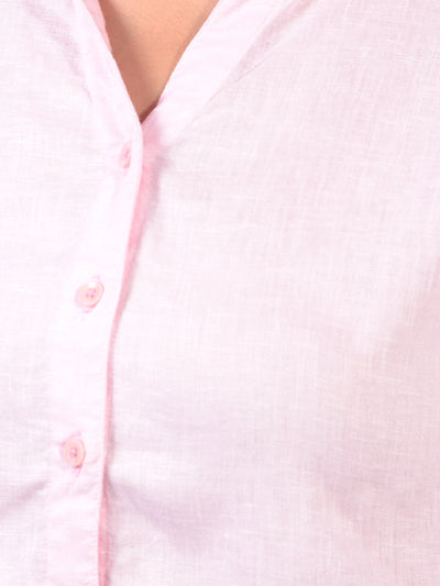 Women's Pink Crop-Length V-Neck Linen Shirt-Women Shirts-Crimsoune Club