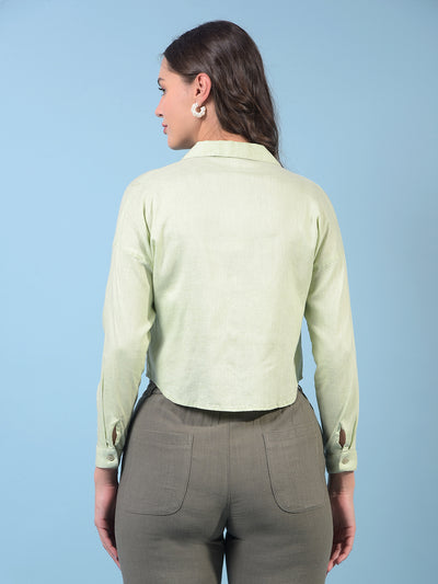 Women's Green Crop-Length V-Neck Linen Shirt-Women Shirts-Crimsoune Club