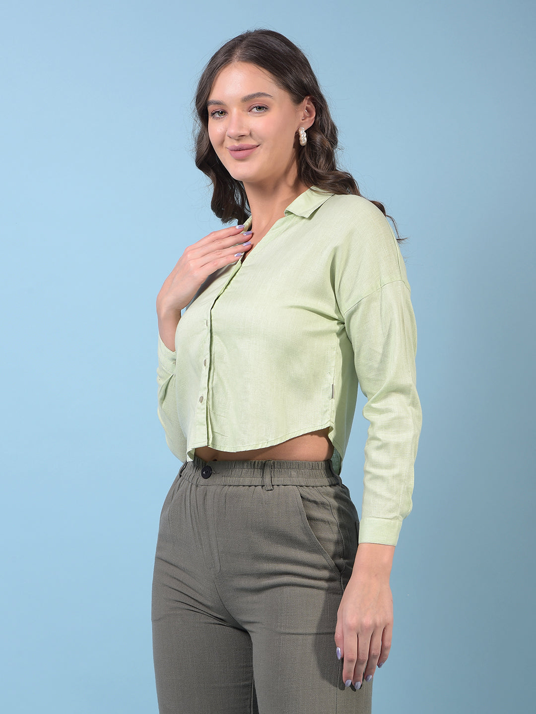 Women's Green Crop-Length V-Neck Linen Shirt-Women Shirts-Crimsoune Club