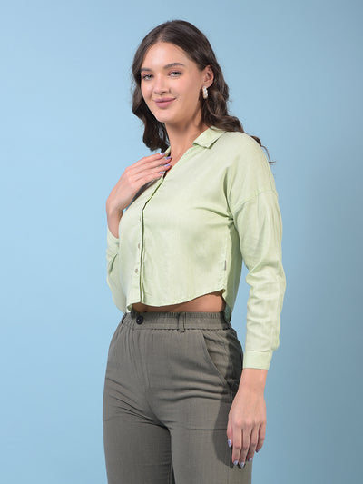Women's Green Crop-Length V-Neck Linen Shirt-Women Shirts-Crimsoune Club