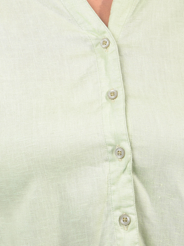 Women's Green Crop-Length V-Neck Linen Shirt-Women Shirts-Crimsoune Club