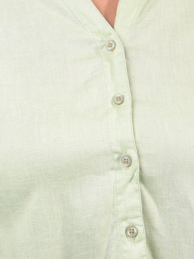Women's Green Crop-Length V-Neck Linen Shirt-Women Shirts-Crimsoune Club