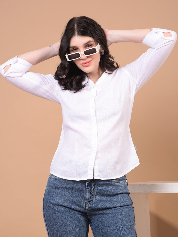 Women's White Linen Shirt-Women Shirts-Crimsoune Club