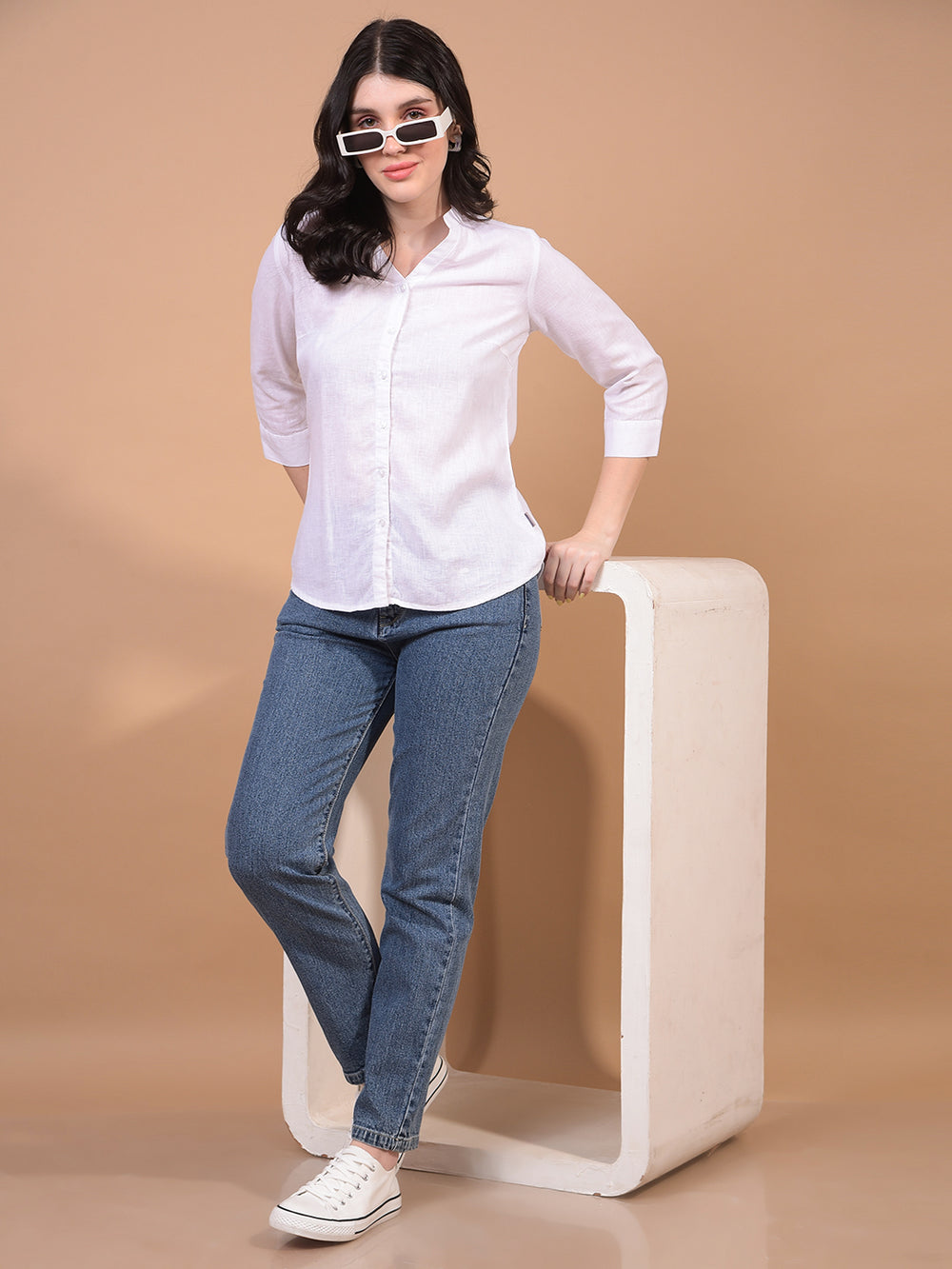 Women's White Linen Shirt-Women Shirts-Crimsoune Club