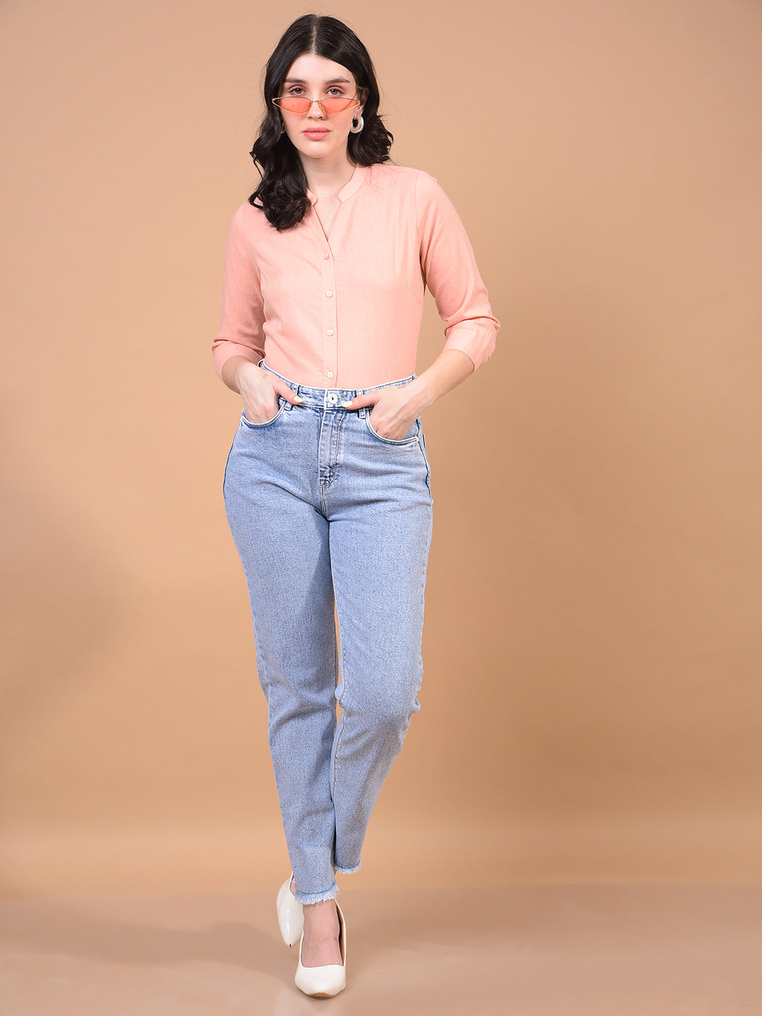 Women's Peach Linen Shirt-Women Shirts-Crimsoune Club