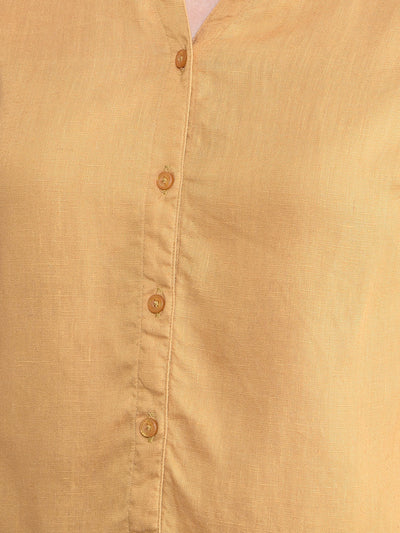 Mustard V-Neck Linen Shirt-Women Shirts-Crimsoune Club