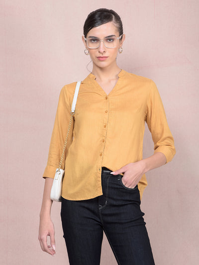 Mustard V-Neck Linen Shirt-Women Shirts-Crimsoune Club