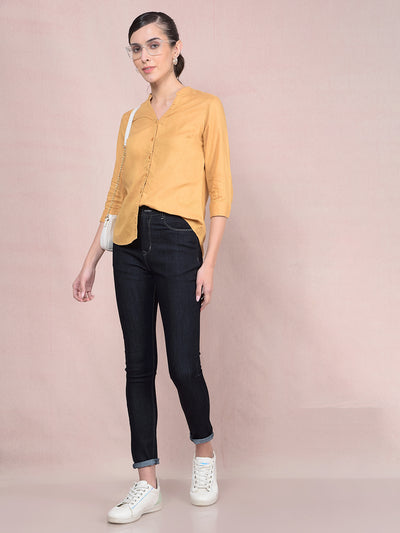 Mustard V-Neck Linen Shirt-Women Shirts-Crimsoune Club